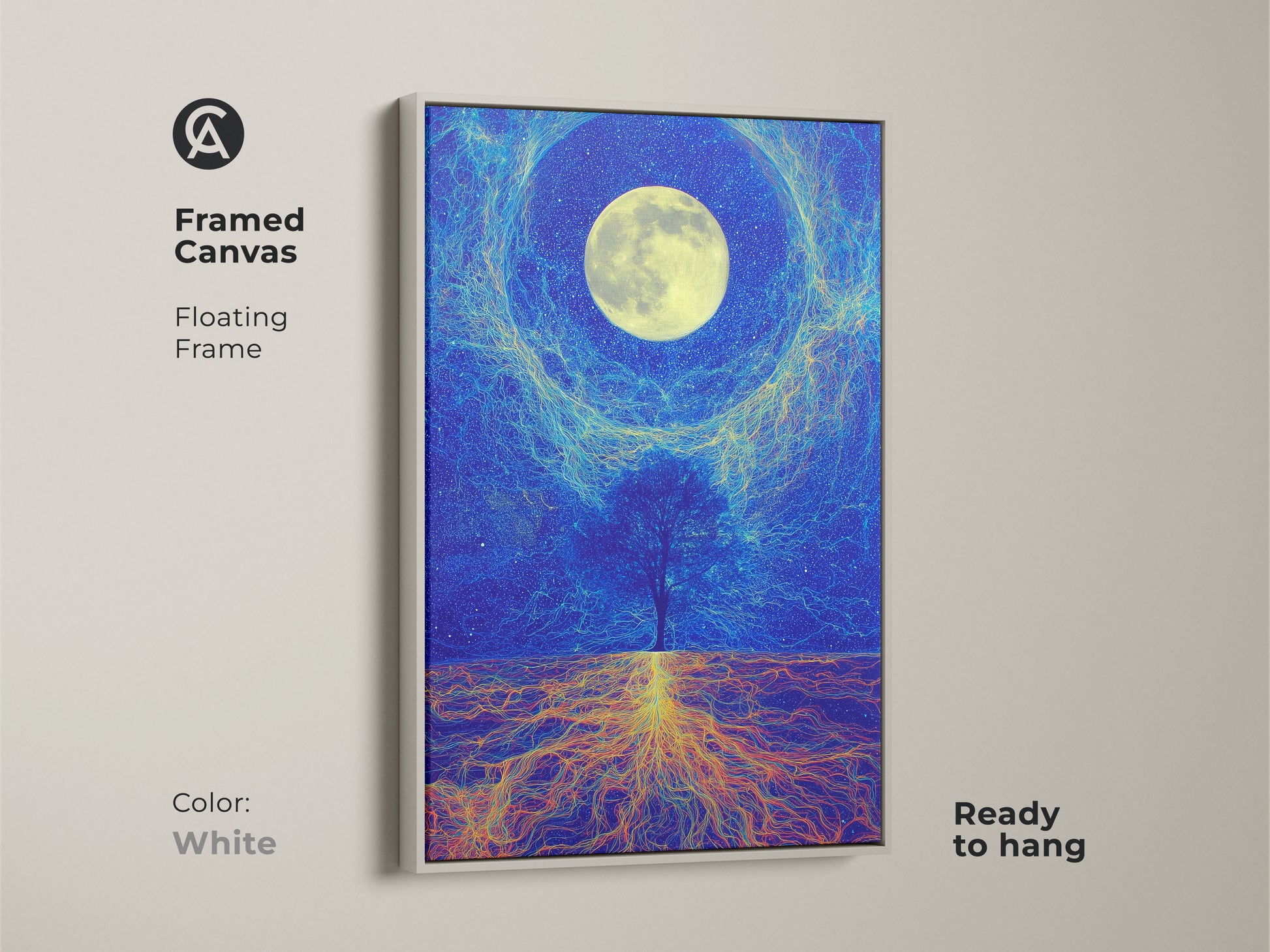 Framed canvas of the deep blue cosmic tree artwork featuring a white floating frame. The surreal moon landscape is ready to hang. It serves as spiritual wall decor. The artwork adds a touch of fantasy to any room. Great for a housewarming gift.