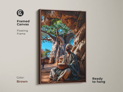 A framed canvas in brown features an African man drumming. The floating frame enhances the realistic artwork and it's ready to hang. This cultural art shows an African man under a Baobab tree. Its earth tones suit eclectic home decor.