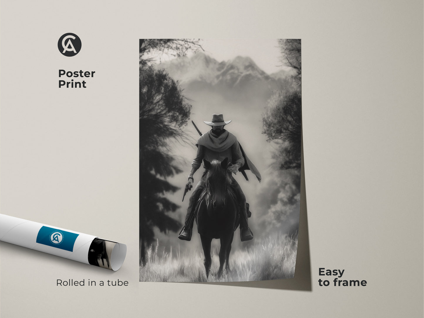 This poster print features a monochrome cowboy and horse art piece rolled in a tube ready to frame. This black and white Western artwork brings a rustic touch to any room. An adventure themed landscape for a study room or home office. Perfect gift for Western art lovers.