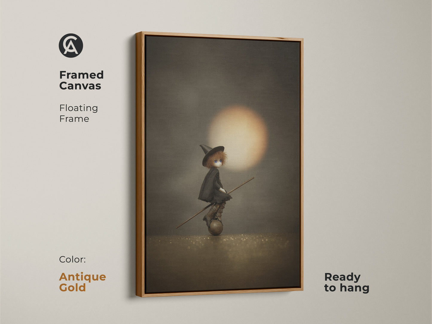 Framed canvas of witch doll on broomstick art in an antique gold floating frame. This gothic Halloween wall art is ready to hang. The sepia orange fantasy print is perfect for moody gothic home decor. It's a unique witch art print.