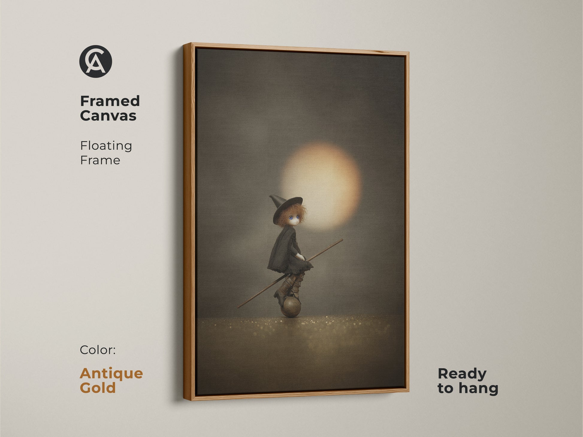 Framed canvas of witch doll on broomstick art in an antique gold floating frame. This gothic Halloween wall art is ready to hang. The sepia orange fantasy print is perfect for moody gothic home decor. It's a unique witch art print.