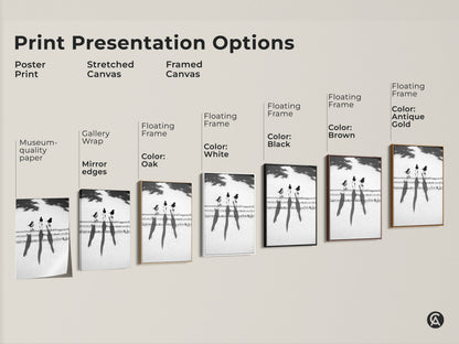 Print presentation options showcasing minimalist bird and music artwork. Choose from poster prints stretched canvas and framed canvas. Contemporary art for any decor style.