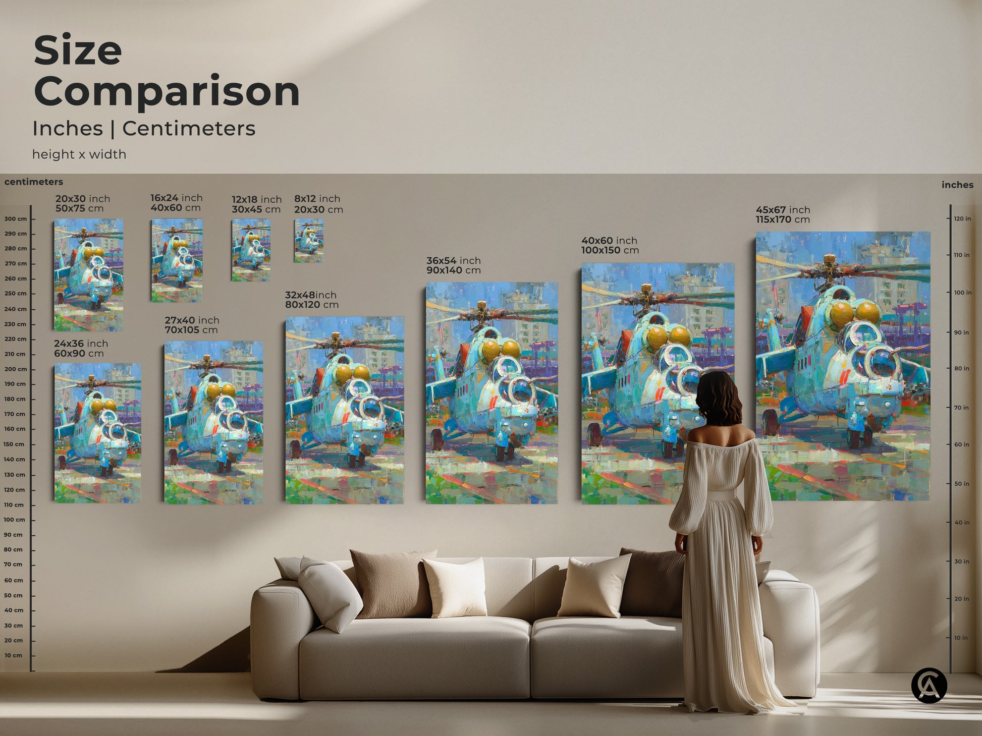 Size comparison for military helicopter artwork in inches and centimeters. Various sizes from small to extra large are showcased. See how the art fits above a sofa. Perfect for visualizing the impact on your wall. Enhance your space with this unique aviation artwork. Choose the ideal size for your room.