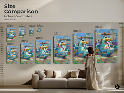 Size comparison for military helicopter artwork in inches and centimeters. Various sizes from small to extra large are showcased. See how the art fits above a sofa. Perfect for visualizing the impact on your wall. Enhance your space with this unique aviation artwork. Choose the ideal size for your room.