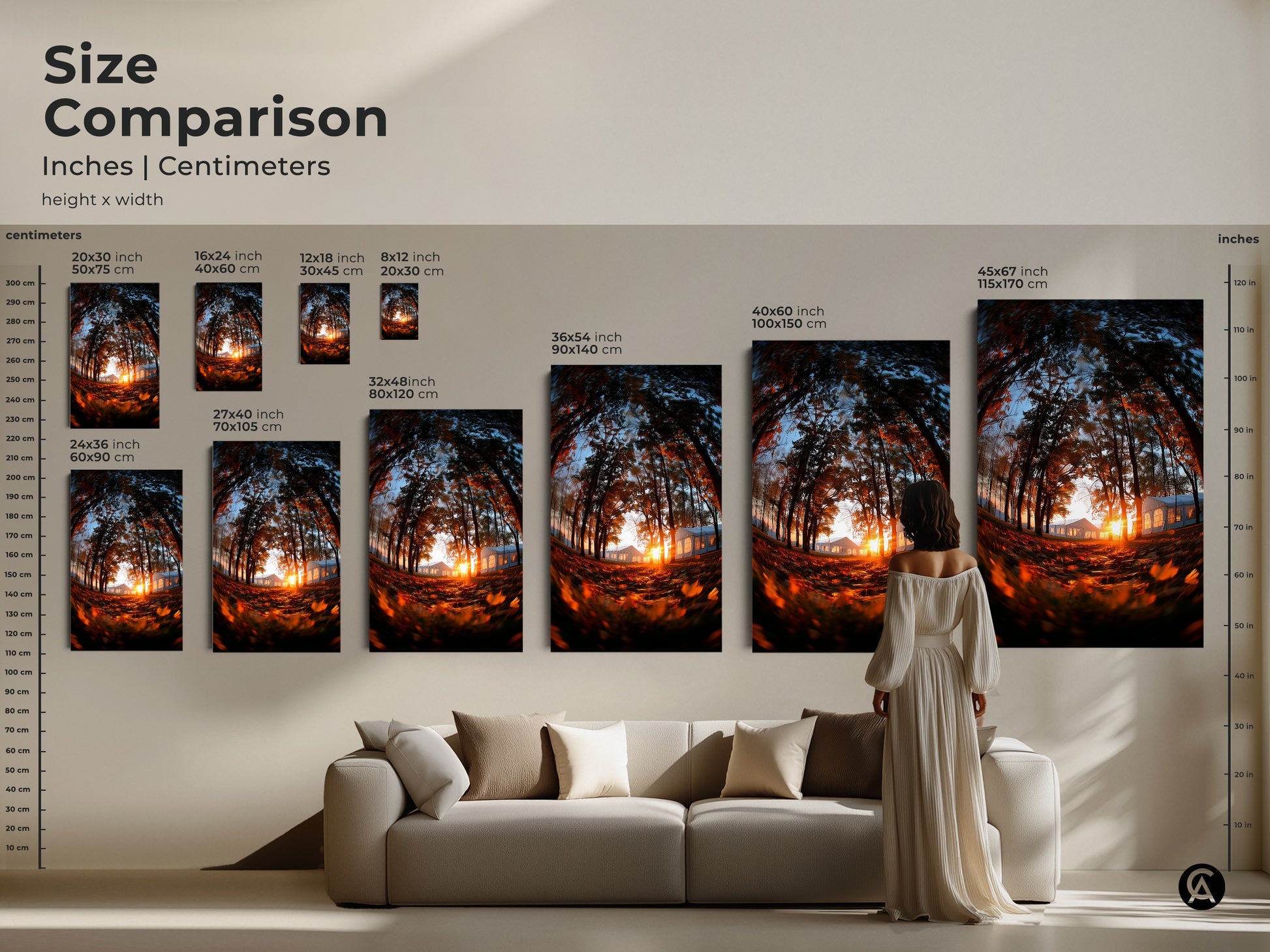 Size comparison of the forest sunset artwork in inches and centimeters. Various sizes displayed above a couch with a model for scale. Choose the ideal art size for your living room or office. View art size options now.