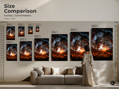 Size comparison of the forest sunset artwork in inches and centimeters. Various sizes displayed above a couch with a model for scale. Choose the ideal art size for your living room or office. View art size options now.
