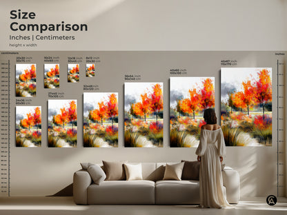 Size comparison of autumn tree artwork in inches and centimeters. Visualize how different sizes of canvas and poster prints will look. Perfect for home decor this scenic art adds beauty. See the art in a living room setting.