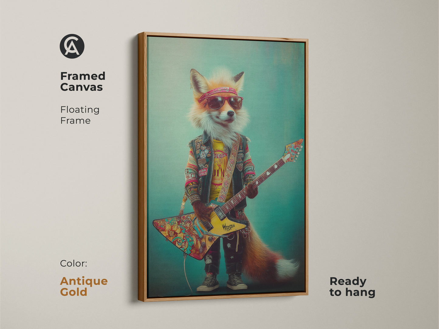 A framed canvas print of a guitar playing fox. The antique gold floating frame adds a touch of vintage charm. The teal backdrop enhances the orange and yellow accents. Perfect for eclectic music decor. Ready to hang.