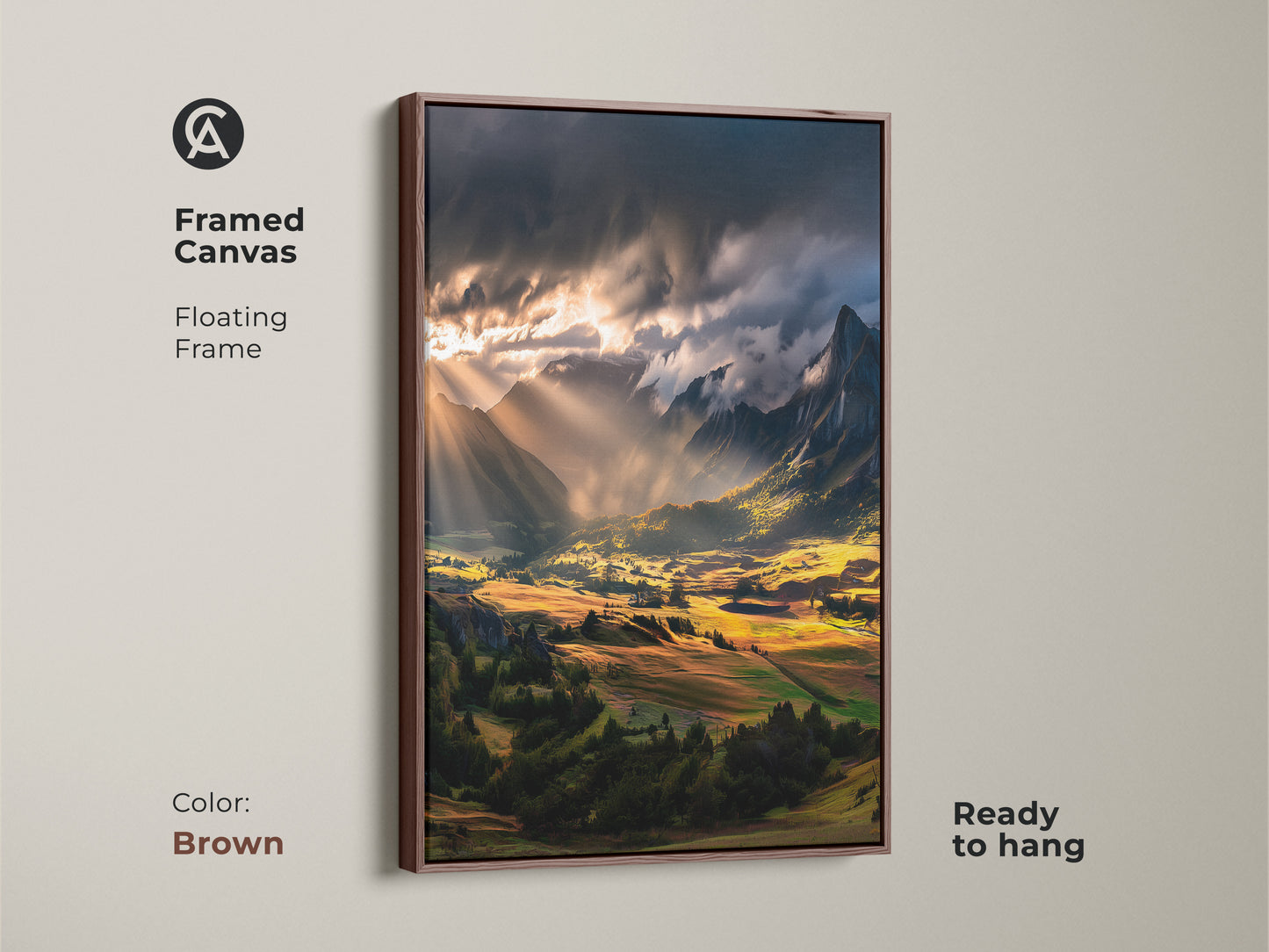 Framed canvas of a golden valley landscape. The brown floating frame complements the rustic artwork. Perfect for a nature-themed bedroom. Ready to hang and easy to display. A great gift for outdoor enthusiasts. The sun rays create a peaceful mountain vista.