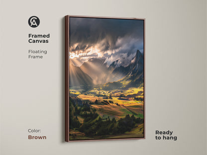 Framed canvas of a golden valley landscape. The brown floating frame complements the rustic artwork. Perfect for a nature-themed bedroom. Ready to hang and easy to display. A great gift for outdoor enthusiasts. The sun rays create a peaceful mountain vista.