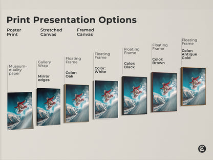Explore our print presentation options for snowboarder art. Choose from poster prints stretched canvas and framed canvas. Each option highlights the dynamic snowboarder image adding style to your walls.