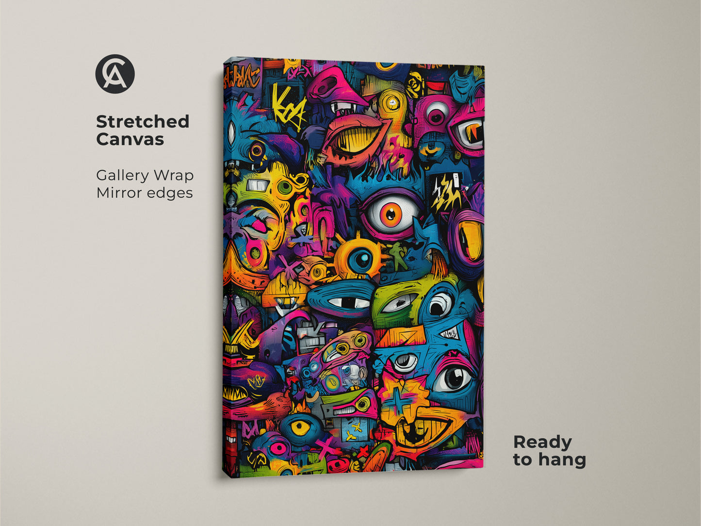 Stretched Canvas Graffiti Pop Art. This gallery-wrapped canvas showcases vibrant graffiti artwork. It features many eyes and mouths. The mirror edges enhance the immersive experience. Ready to hang and transform your home. Shop now!