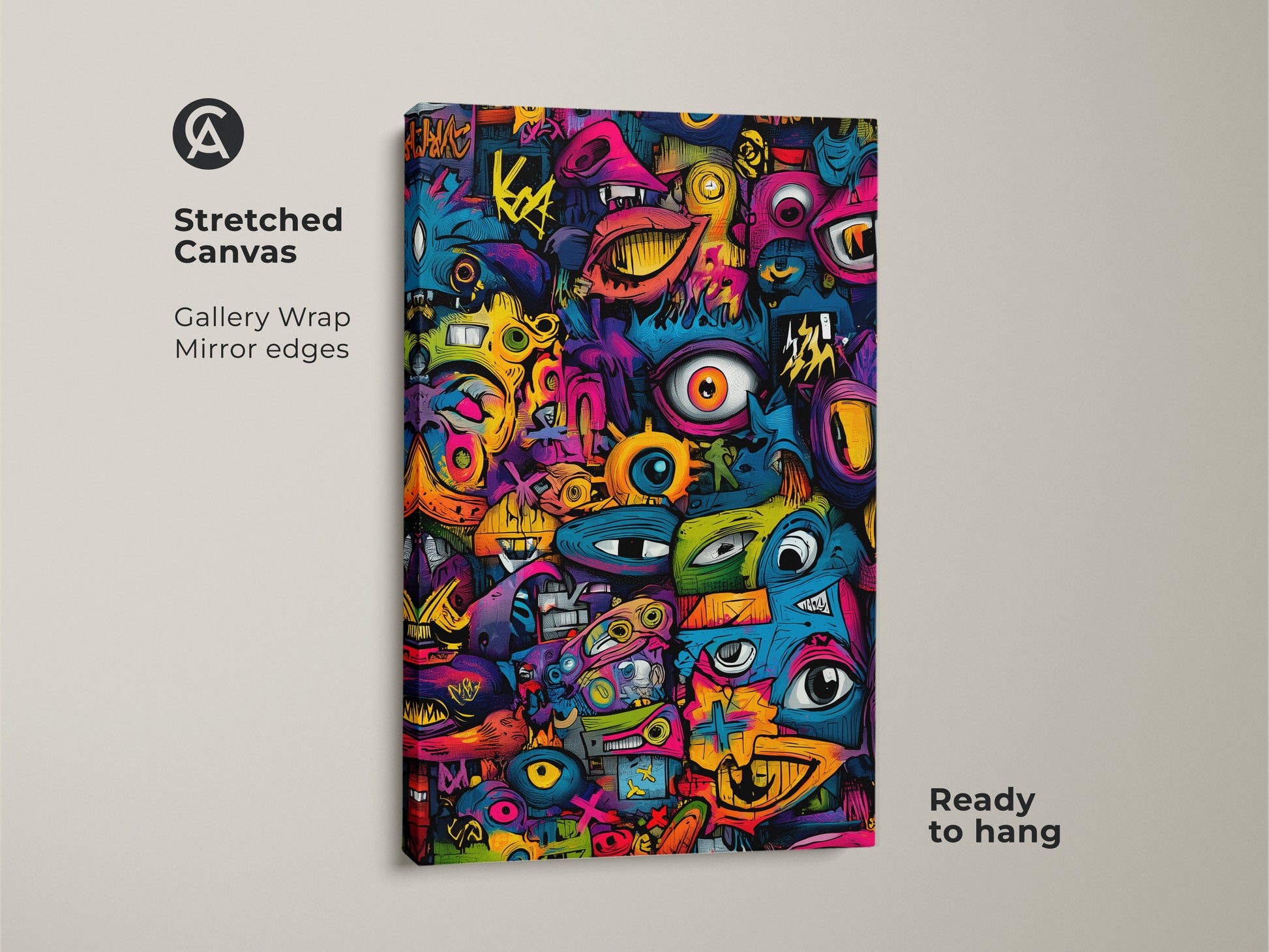 Stretched Canvas Graffiti Pop Art. This gallery-wrapped canvas showcases vibrant graffiti artwork. It features many eyes and mouths. The mirror edges enhance the immersive experience. Ready to hang and transform your home. Shop now!