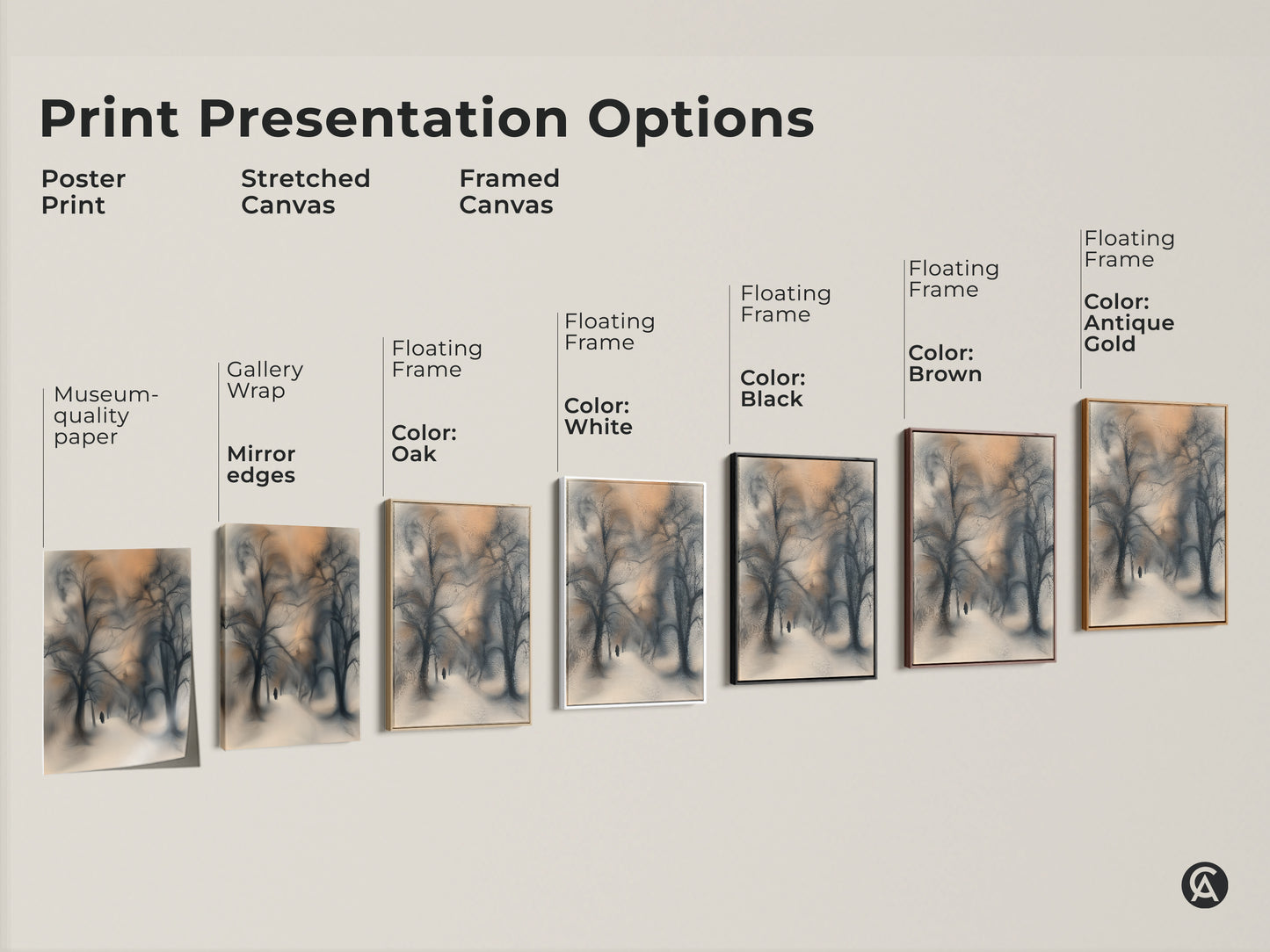 Explore print options for this winter landscape artwork. Choose from poster prints stretched canvas or framed canvas. Options include gallery wrap museum-quality paper and floating frames. Find the perfect nature wall decor for your space.