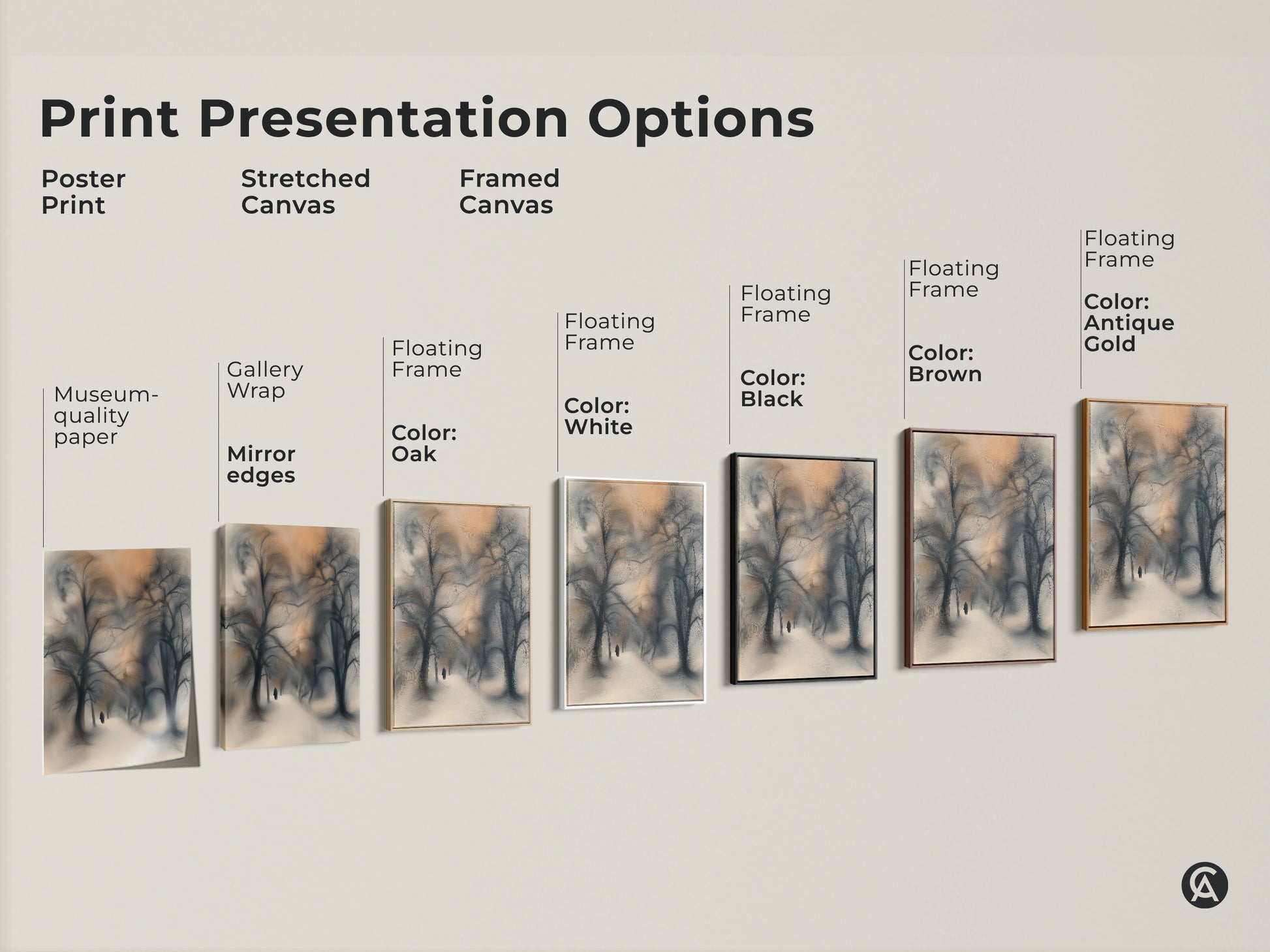 Explore print options for this winter landscape artwork. Choose from poster prints stretched canvas or framed canvas. Options include gallery wrap museum-quality paper and floating frames. Find the perfect nature wall decor for your space.