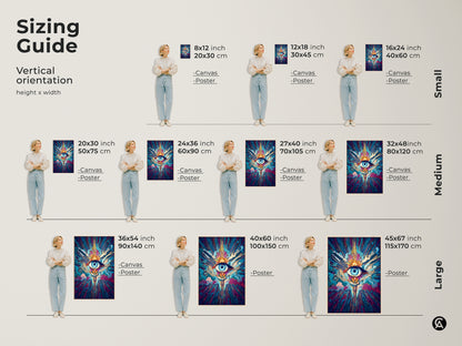 A sizing guide shows vertical orientation options. The abstract eye wall art is available in canvas and poster prints. Sizes range from small to large. Find the perfect fit for your space.