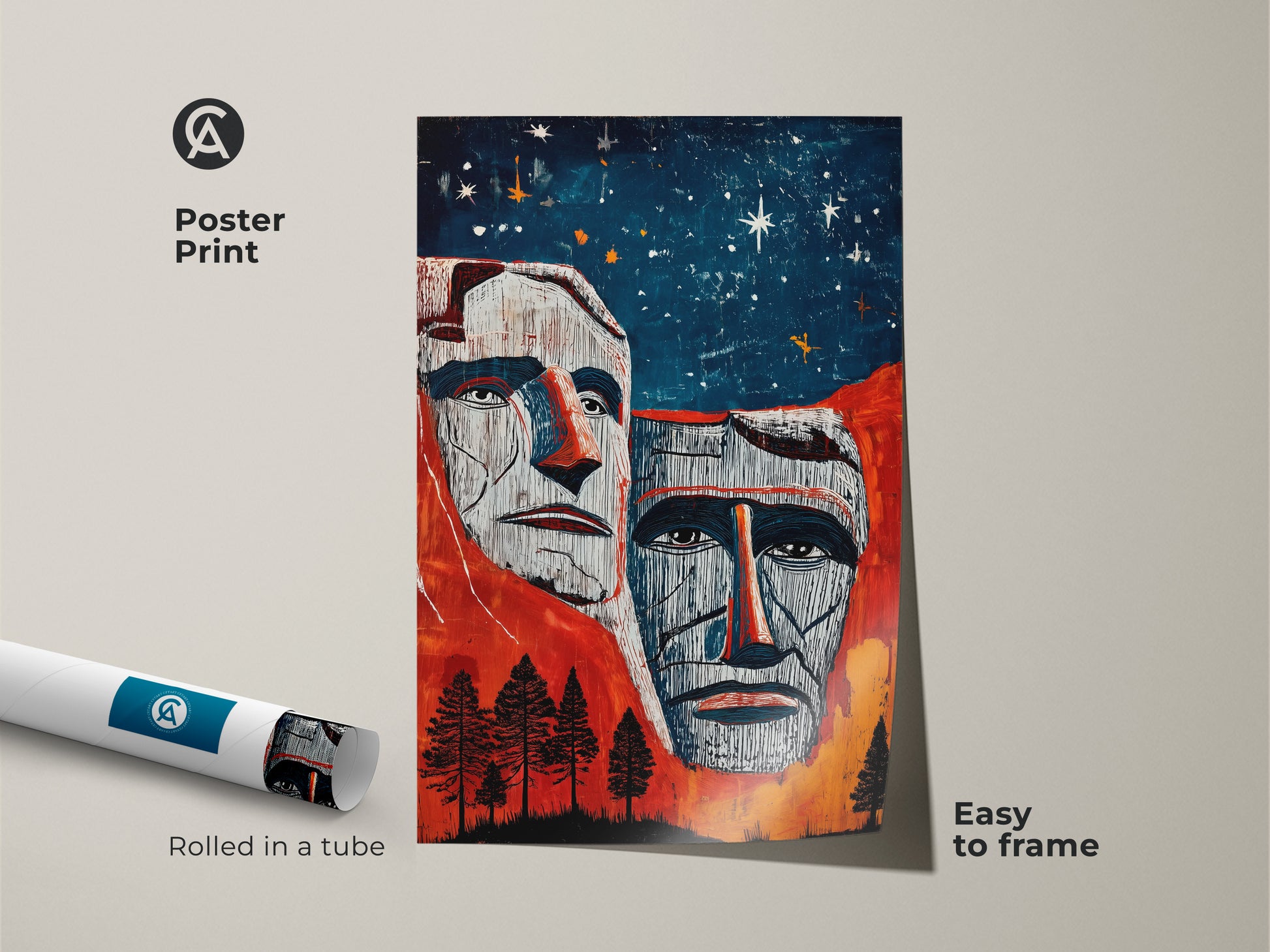 Easy to frame poster print. This Mount Rushmore wall art features American Presidents. This red blue orange landscape provides eclectic home decor. This vintage presidents artwork is rolled in a tube. Add American history wall decor to your living space. Buy art for history lovers.