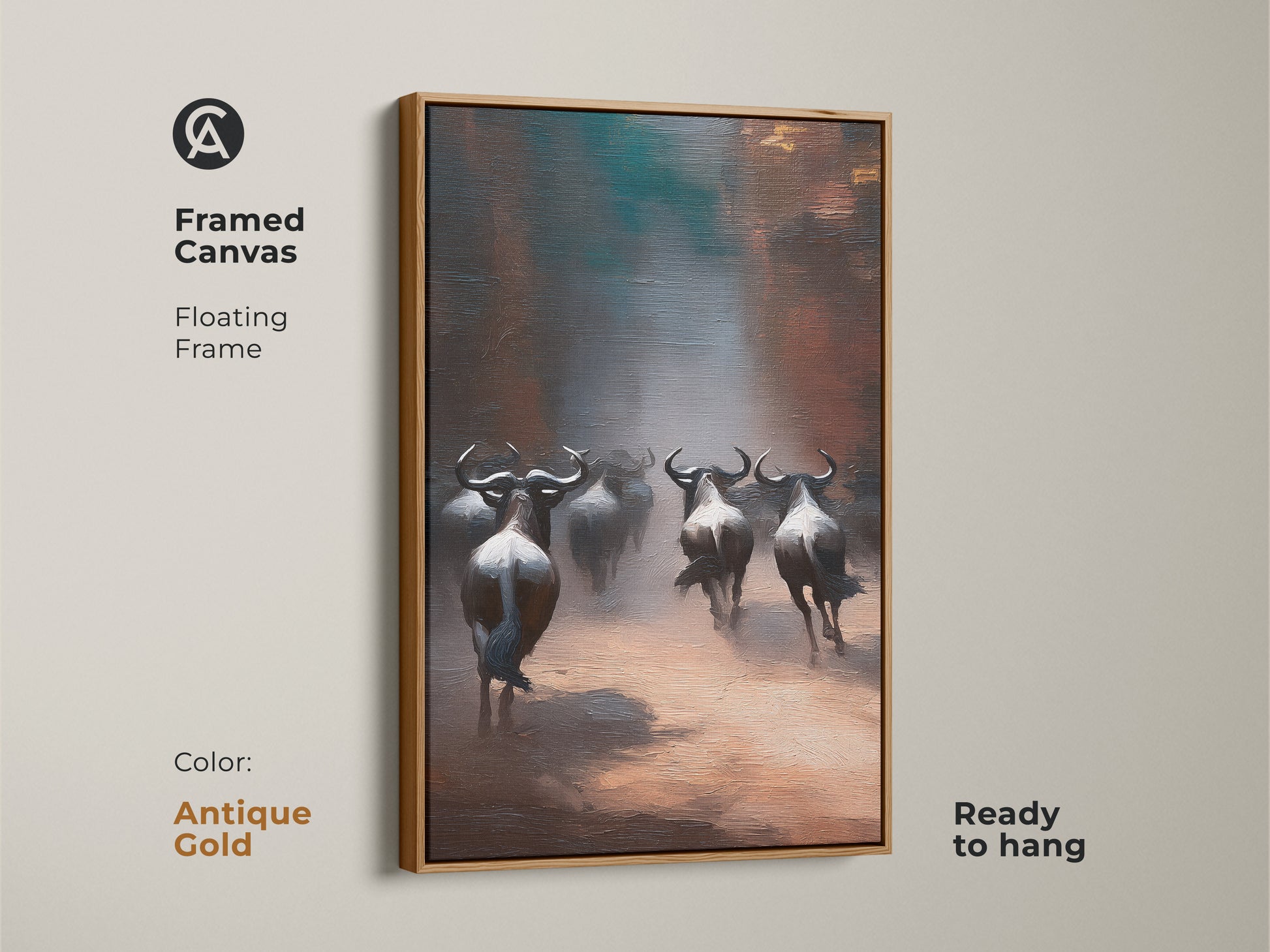 Framed canvas showcasing wildebeest in an antique gold floating frame. The earthy tones of the savanna art are enhanced. It offers a unique wildlife artwork for a housewarming gift. Ready to hang.
