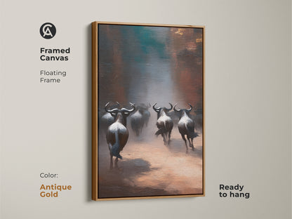 Framed canvas showcasing wildebeest in an antique gold floating frame. The earthy tones of the savanna art are enhanced. It offers a unique wildlife artwork for a housewarming gift. Ready to hang.