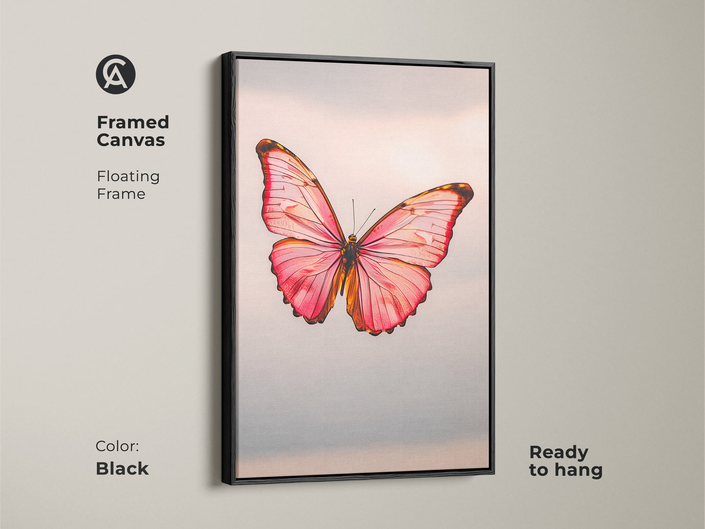 Framed canvas with a floating frame showcasing pink butterfly artwork. The modern nature insect art is ready to hang. The minimalist butterfly decor comes in black. This rose gold butterfly print is ideal for bedroom art.
