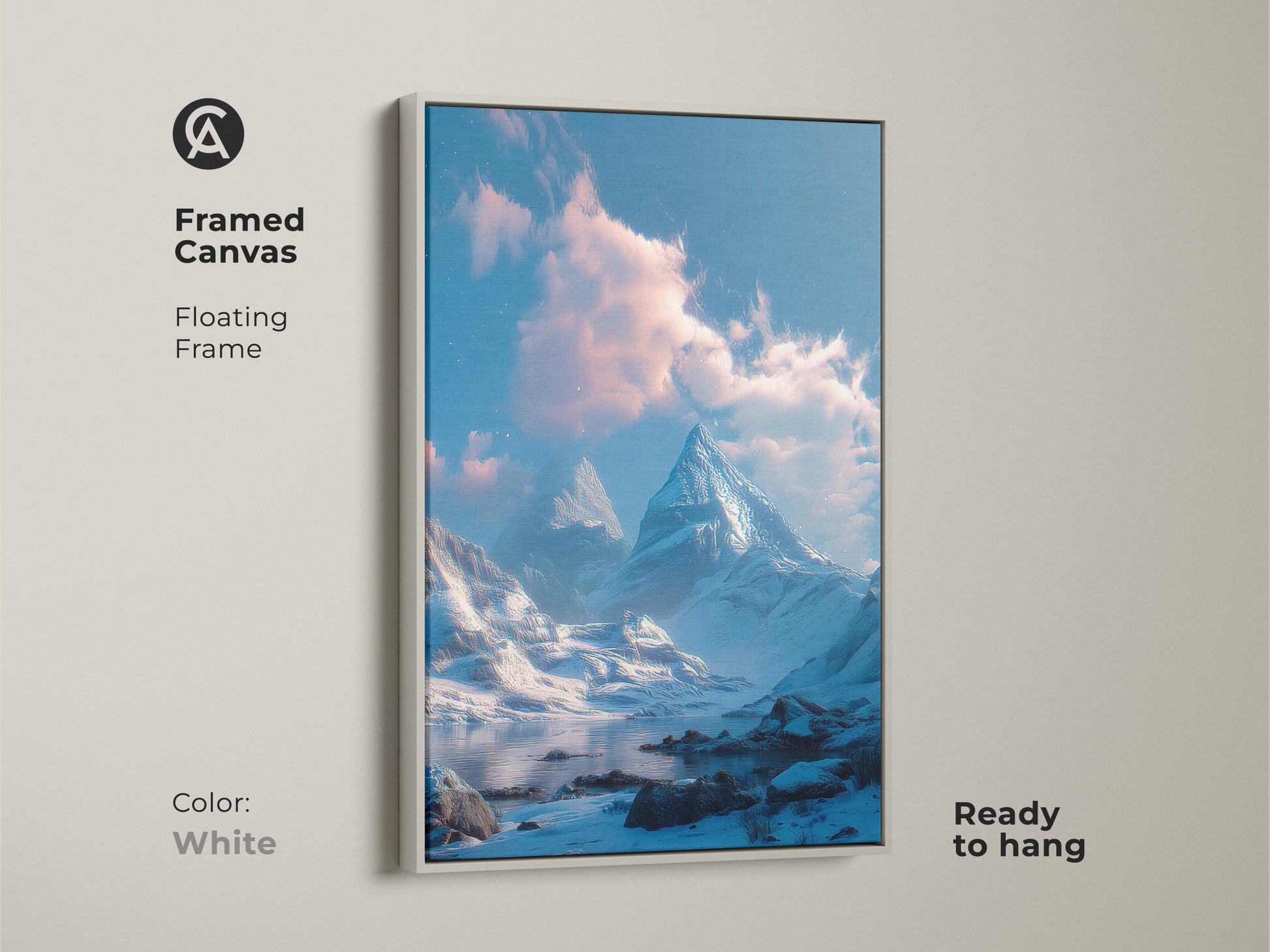 Framed canvas artwork of a winter mountain landscape with a floating frame. The white frame offers a clean modern look to the serene snow-covered mountain scene. Ready to hang this piece brings a fresh touch to any decor.