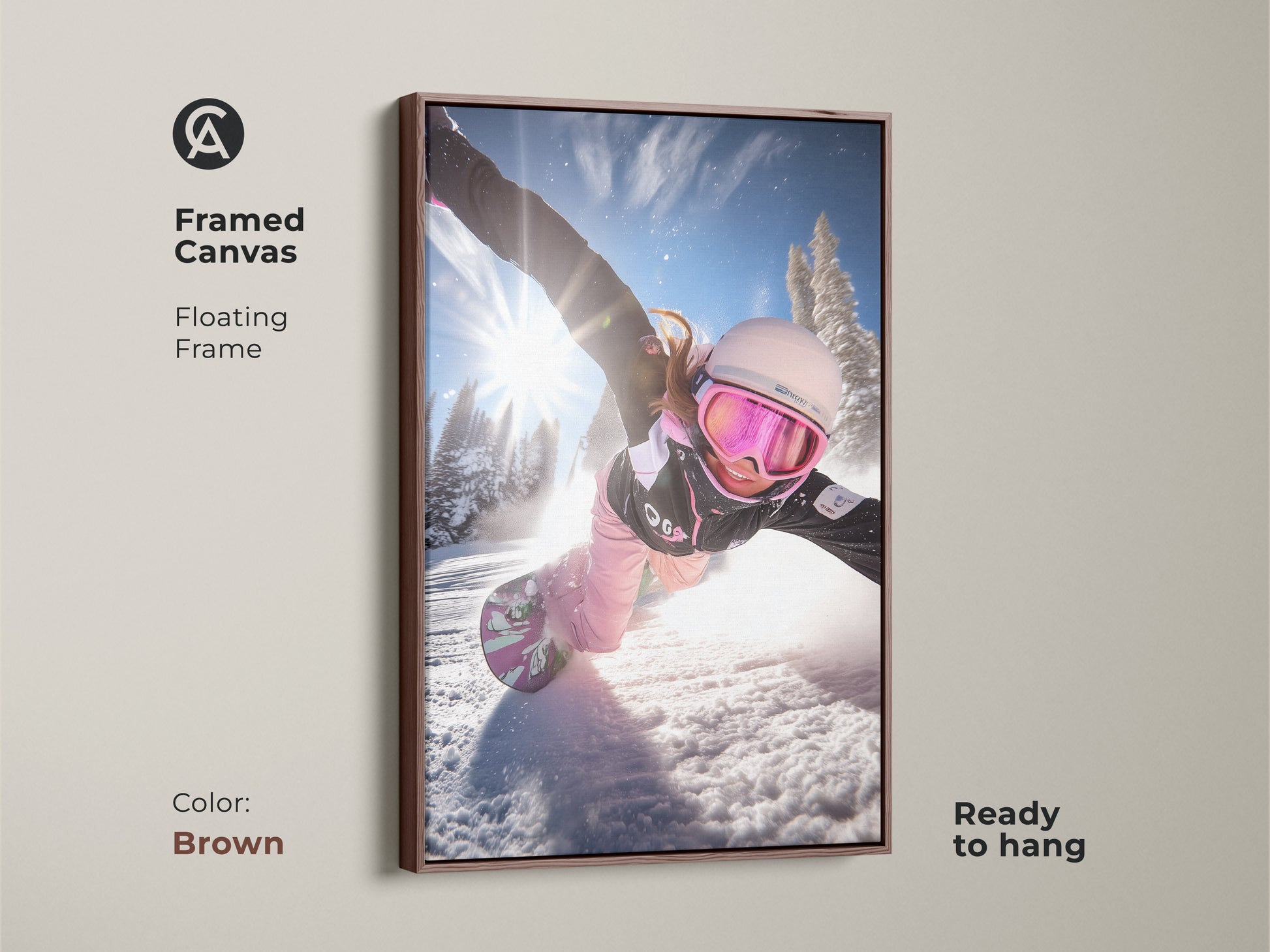 Framed canvas of a snowboarder in action. The brown floating frame enhances the artwork. This dynamic winter sports print is ready to hang. It is a perfect gift for winter sports enthusiasts.