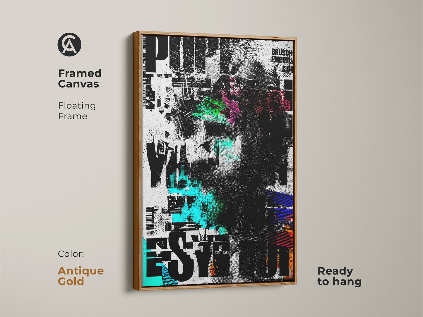 Antique gold framed canvas with abstract face artwork. This modern collage features glitch art in black white and green tones. The floating frame enhances its contemporary look. Ideal as office decor or a unique wall hanging. A striking modern home art piece.