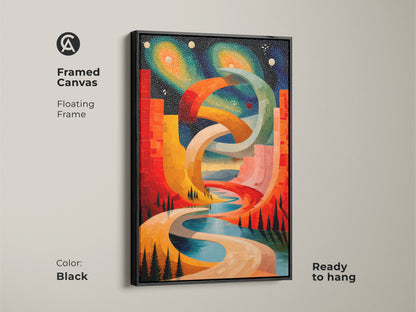 This captivating framed canvas art features an abstract cosmic cityscape. The artwork includes surreal geometric elements in red orange and blue tones. Enhances any space with a contemporary touch. Ready to hang and sure to be noticed by stargazers.