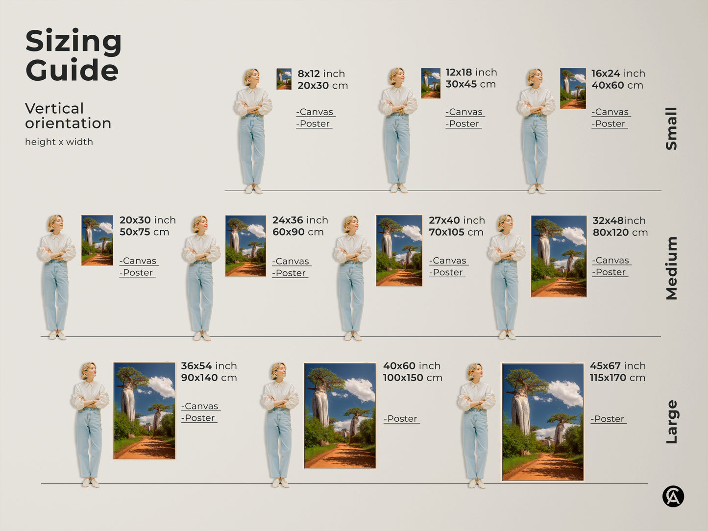 Sizing guide for African Baobab Tree art. Vertical orientation height and width sizes are shown. Canvas and poster options are available. Small medium and large sizes are displayed.