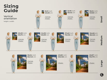 Sizing guide for African Baobab Tree art. Vertical orientation height and width sizes are shown. Canvas and poster options are available. Small medium and large sizes are displayed.