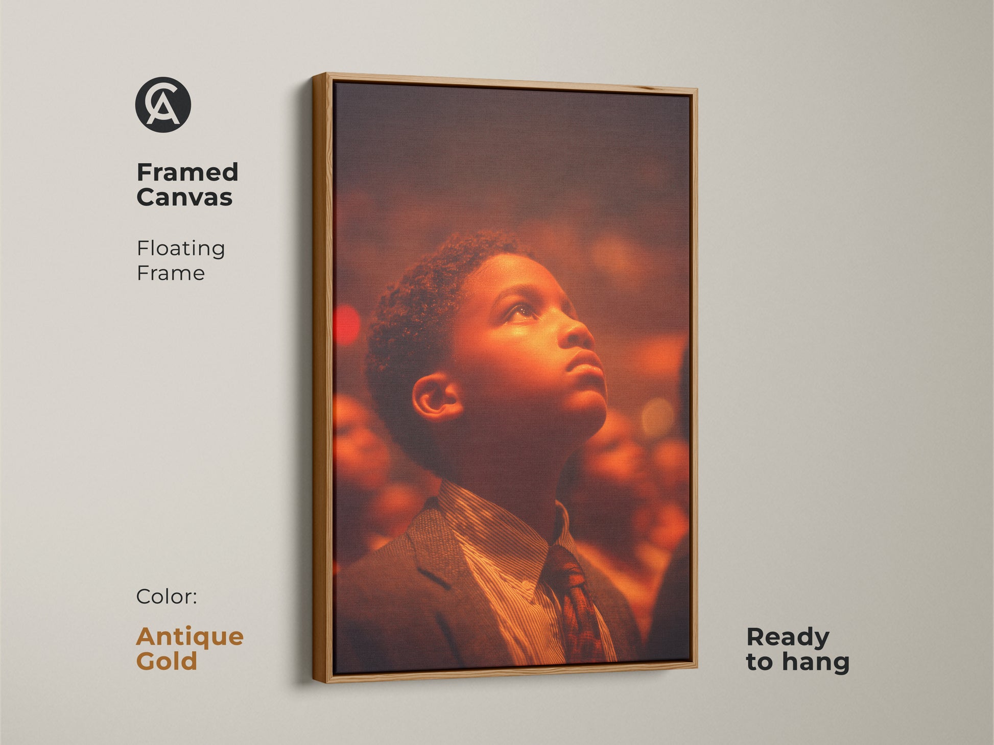 Framed canvas artwork with an antique gold floating frame. The art shows a young boy looking up filled with wonder. Ready to hang and admire this framed art. Adds a touch of sophistication to your home.