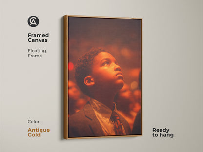 Framed canvas artwork with an antique gold floating frame. The art shows a young boy looking up filled with wonder. Ready to hang and admire this framed art. Adds a touch of sophistication to your home.