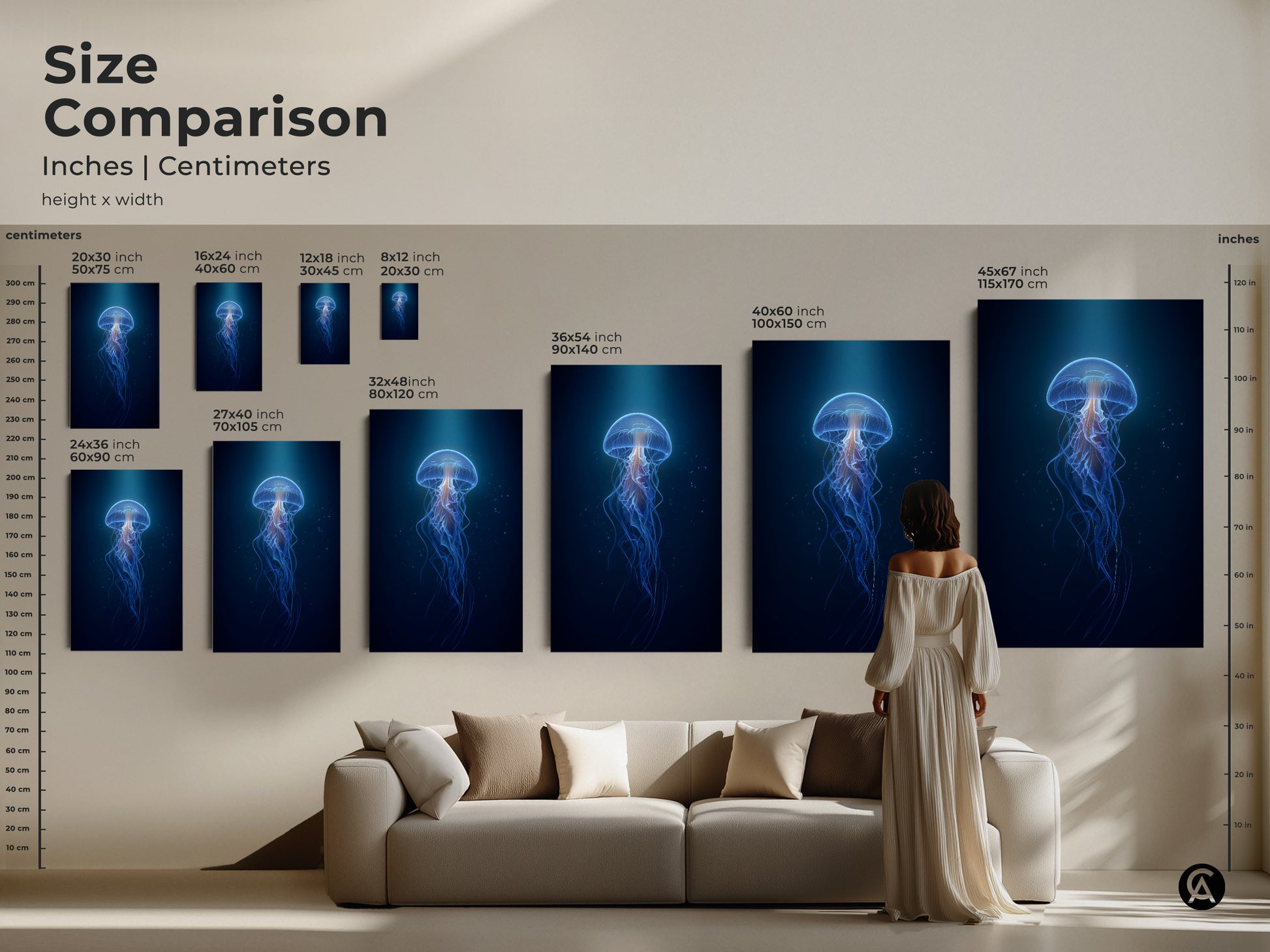 Size comparison of abstract jellyfish artwork in inches and centimeters. This deep blue ocean wall art is available in multiple sizes. Choose the perfect dimensions to complement your space. Ideal for modern home decor and contemporary wall art.