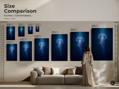 Size comparison of abstract jellyfish artwork in inches and centimeters. This deep blue ocean wall art is available in multiple sizes. Choose the perfect dimensions to complement your space. Ideal for modern home decor and contemporary wall art.
