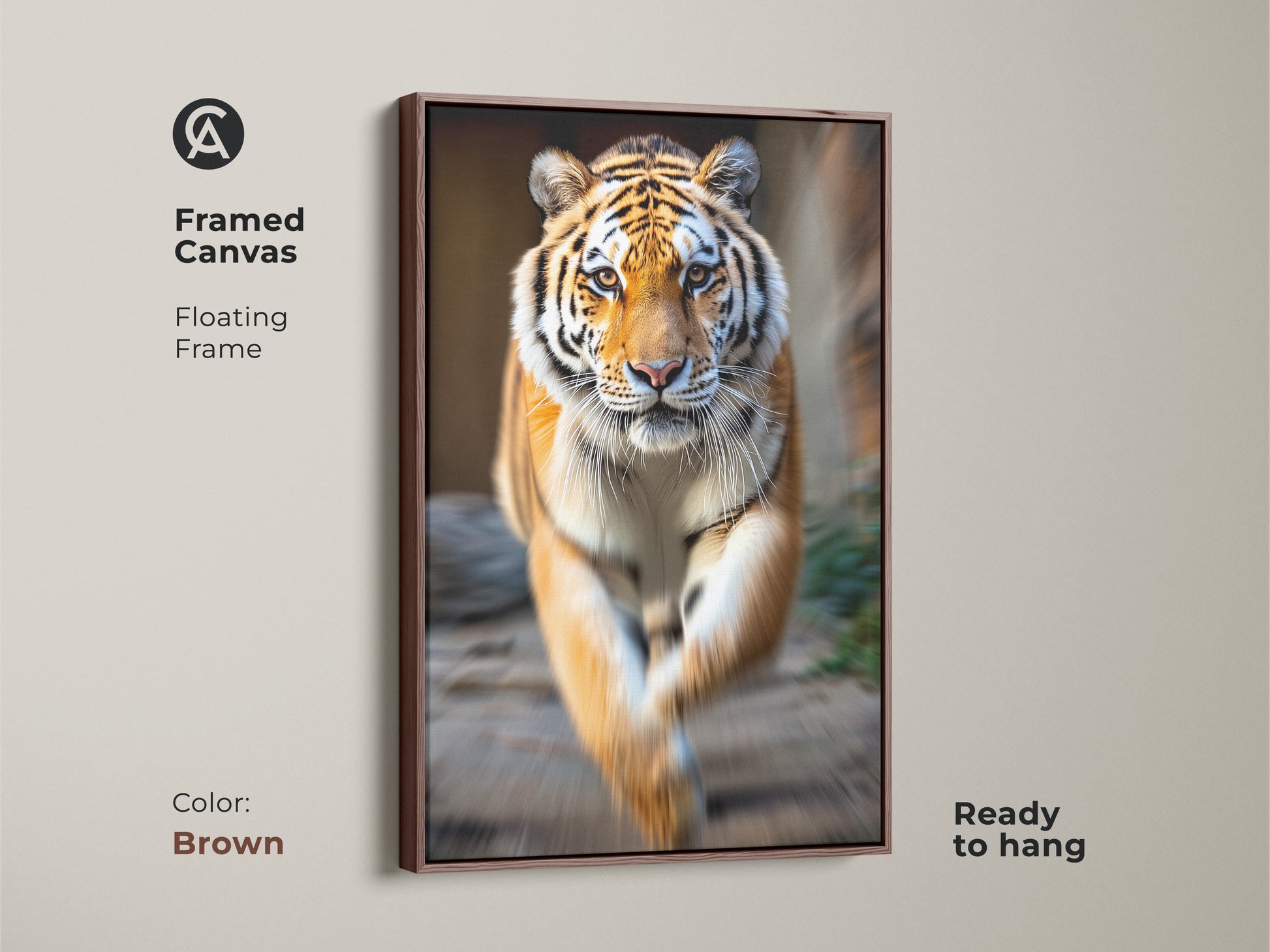 Brown framed canvas showcasing photorealistic tiger artwork. The floating frame complements the orange black jungle wildlife print. This animal portrait canvas is ready to hang.