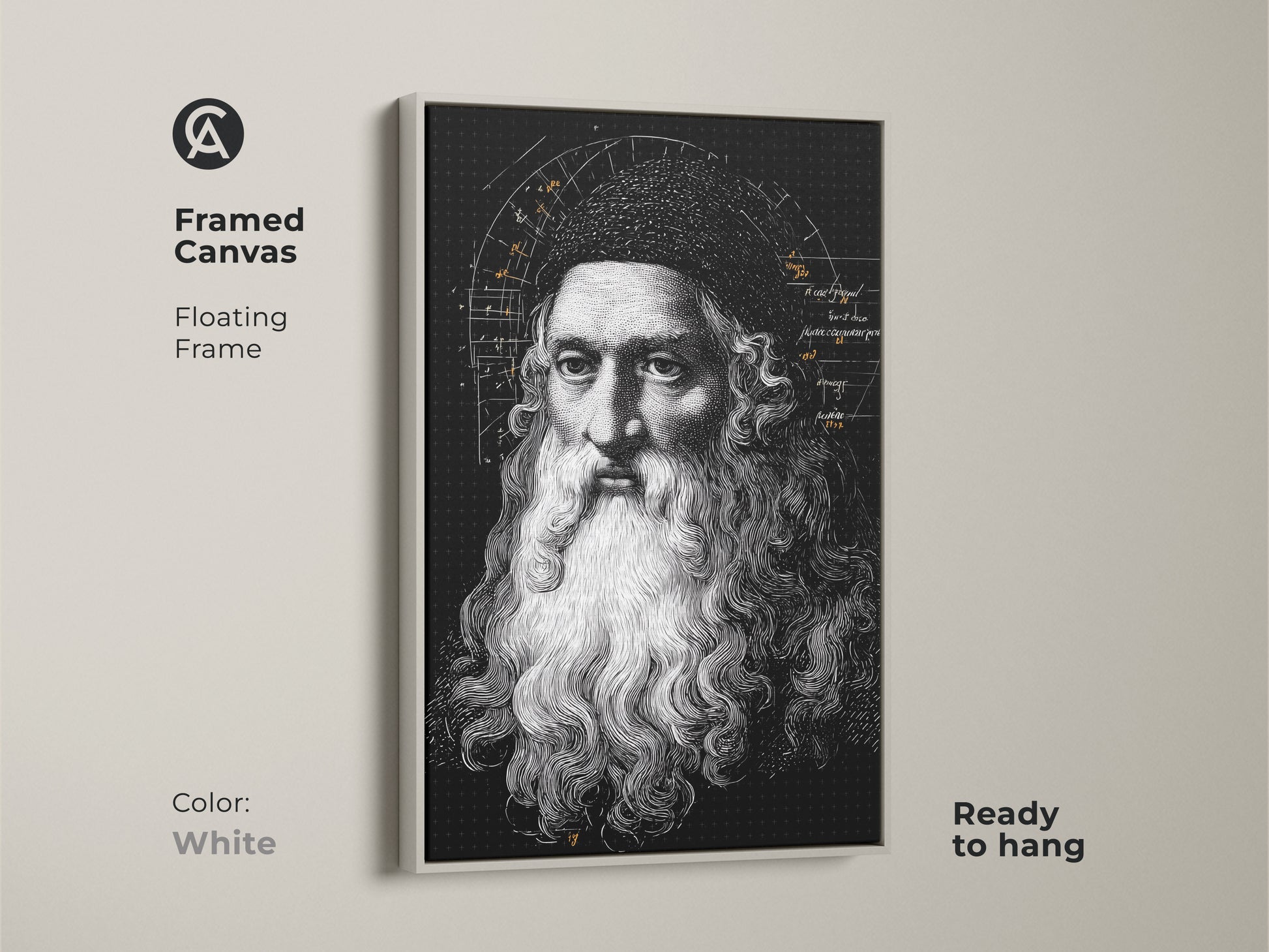 Framed canvas featuring Leonardo da Vinci art. The white floating frame enhances this Renaissance portrait. This vintage scientific diagram print adds a classic touch. The historical figure artwork is ready to hang. A perfect intellectual gift idea.