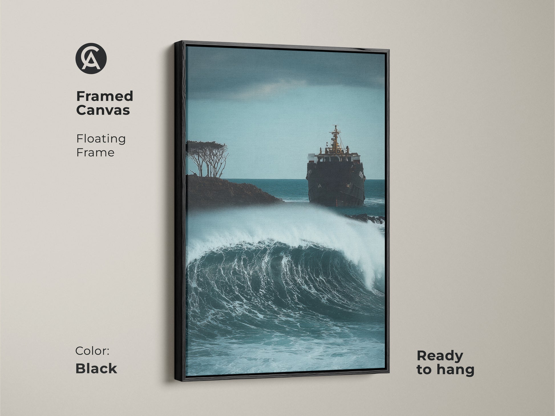 A black framed canvas displays shipwrecked vessel artwork. The coastal ocean canvas print features a deep blue and gray palette. This nautical wall decor is ready to hang with a floating frame.
