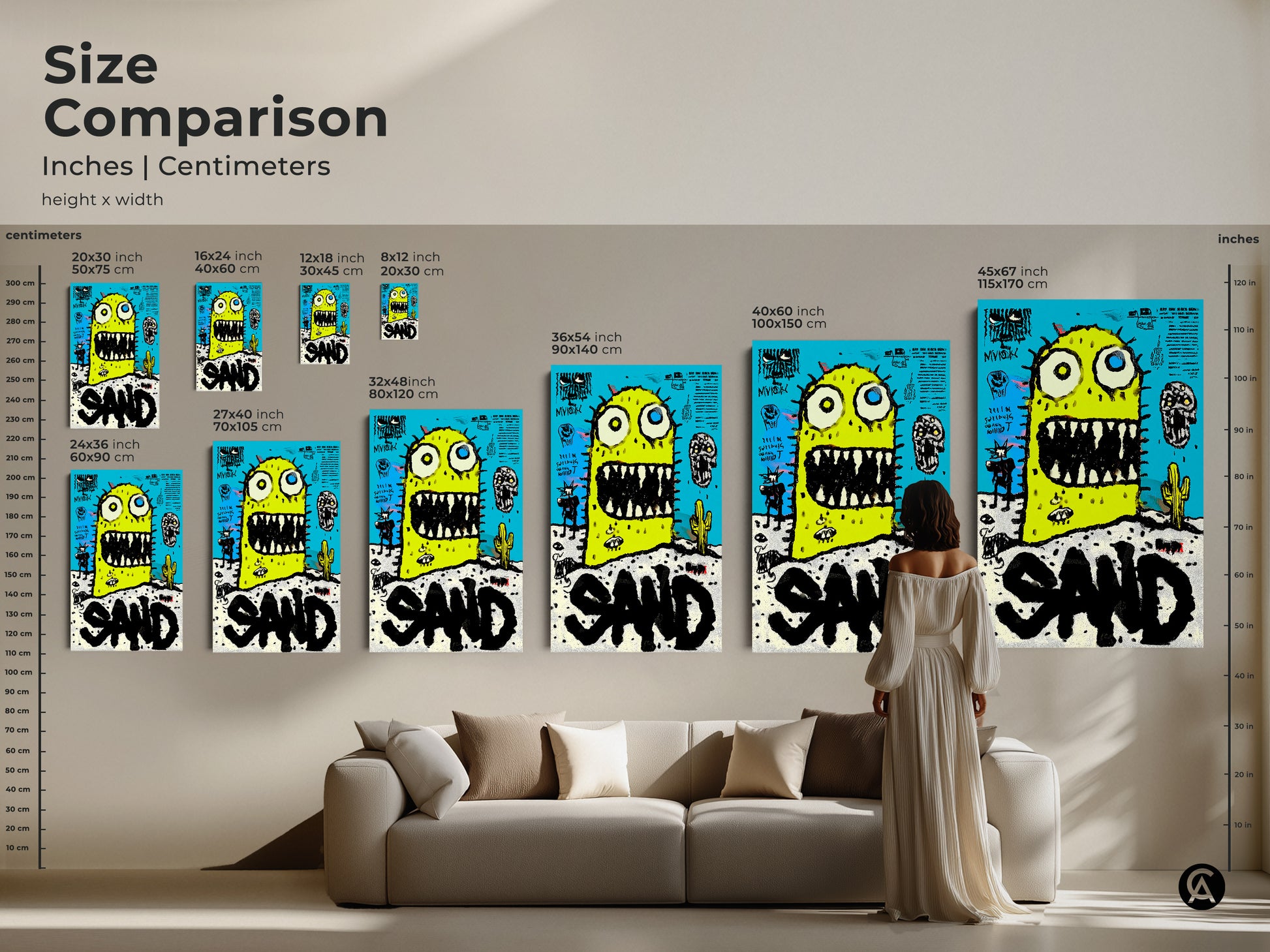 Size comparison of the whimsical monster in the desert art. See how the artwork looks in different sizes. Visualize the art in your living space. Choose from various sizes to fit your needs. Explore canvas and poster options now