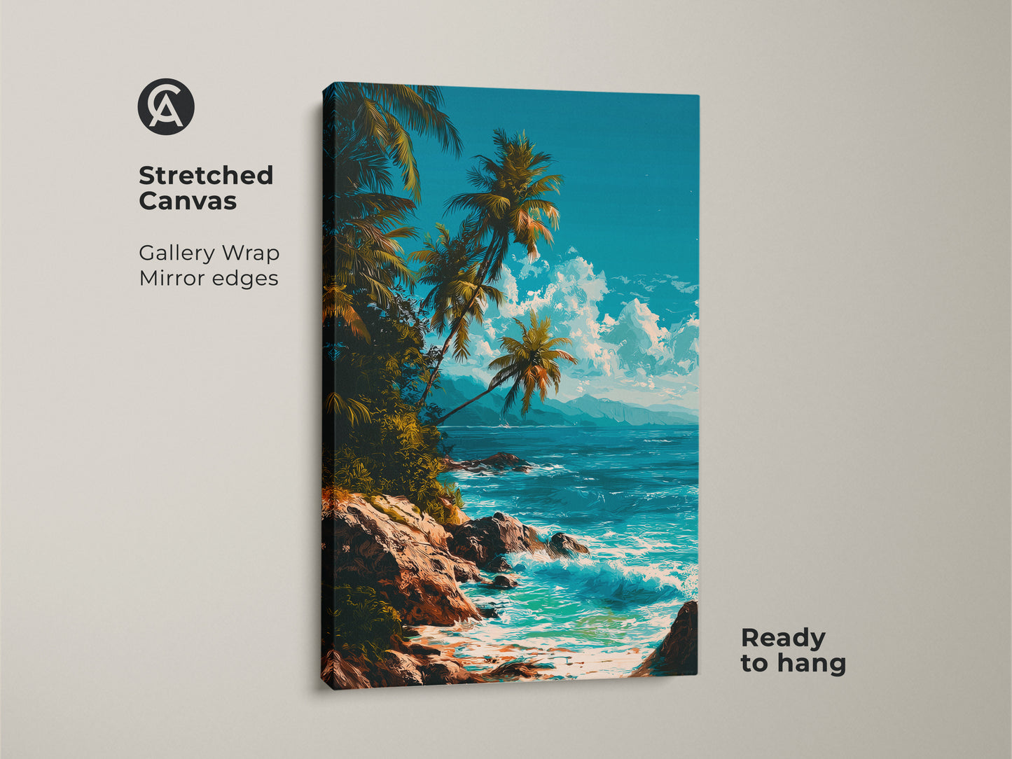 Stretched canvas artwork showcases a vibrant beach scene. Gallery wrapped with mirror edges this piece is ready to hang. The tropical ocean view brings a sense of tranquility. The artwork is perfect for adding a coastal touch to your home decor.