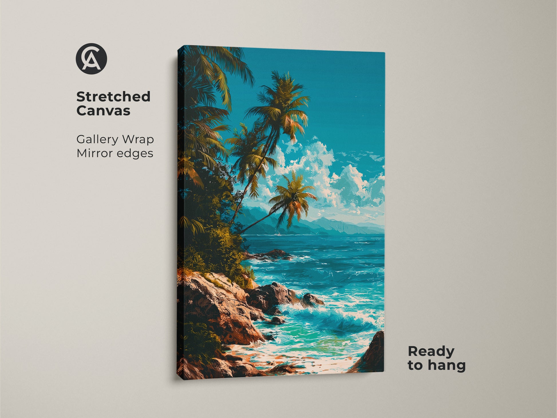 Stretched canvas artwork showcases a vibrant beach scene. Gallery wrapped with mirror edges this piece is ready to hang. The tropical ocean view brings a sense of tranquility. The artwork is perfect for adding a coastal touch to your home decor.