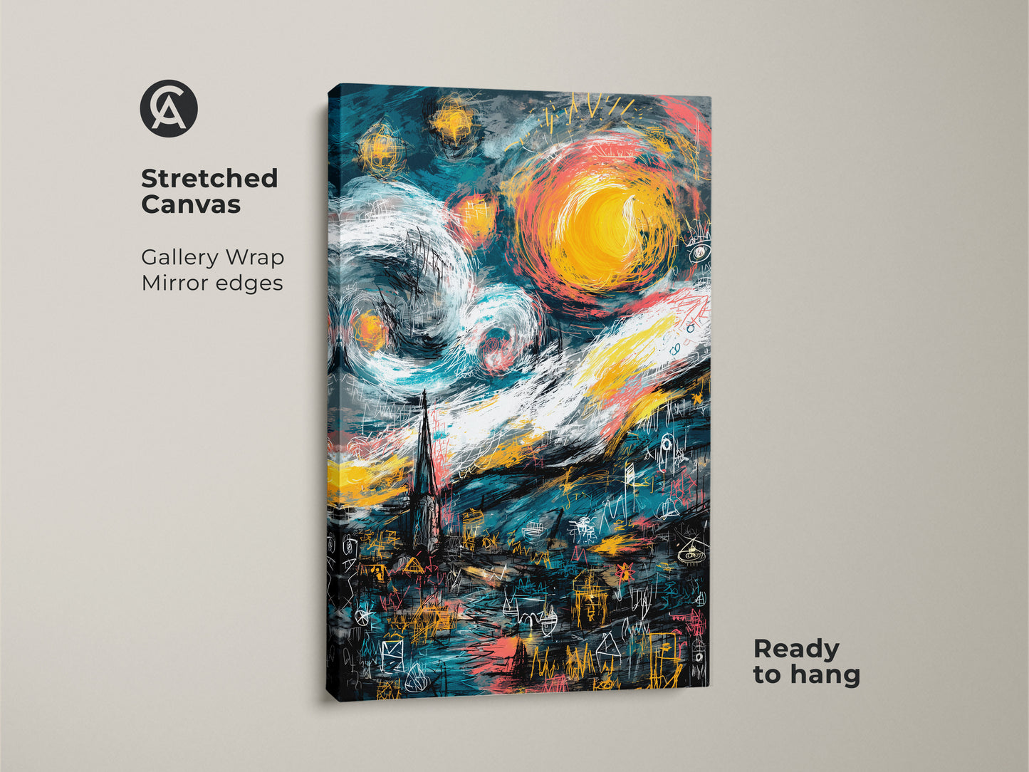 Experience the allure of this stretched canvas artwork. A fresh take on Van Gogh's Starry Night. Gallery wrapped with mirrored edges. It's ready to hang and transform your home decor with artistic flair.