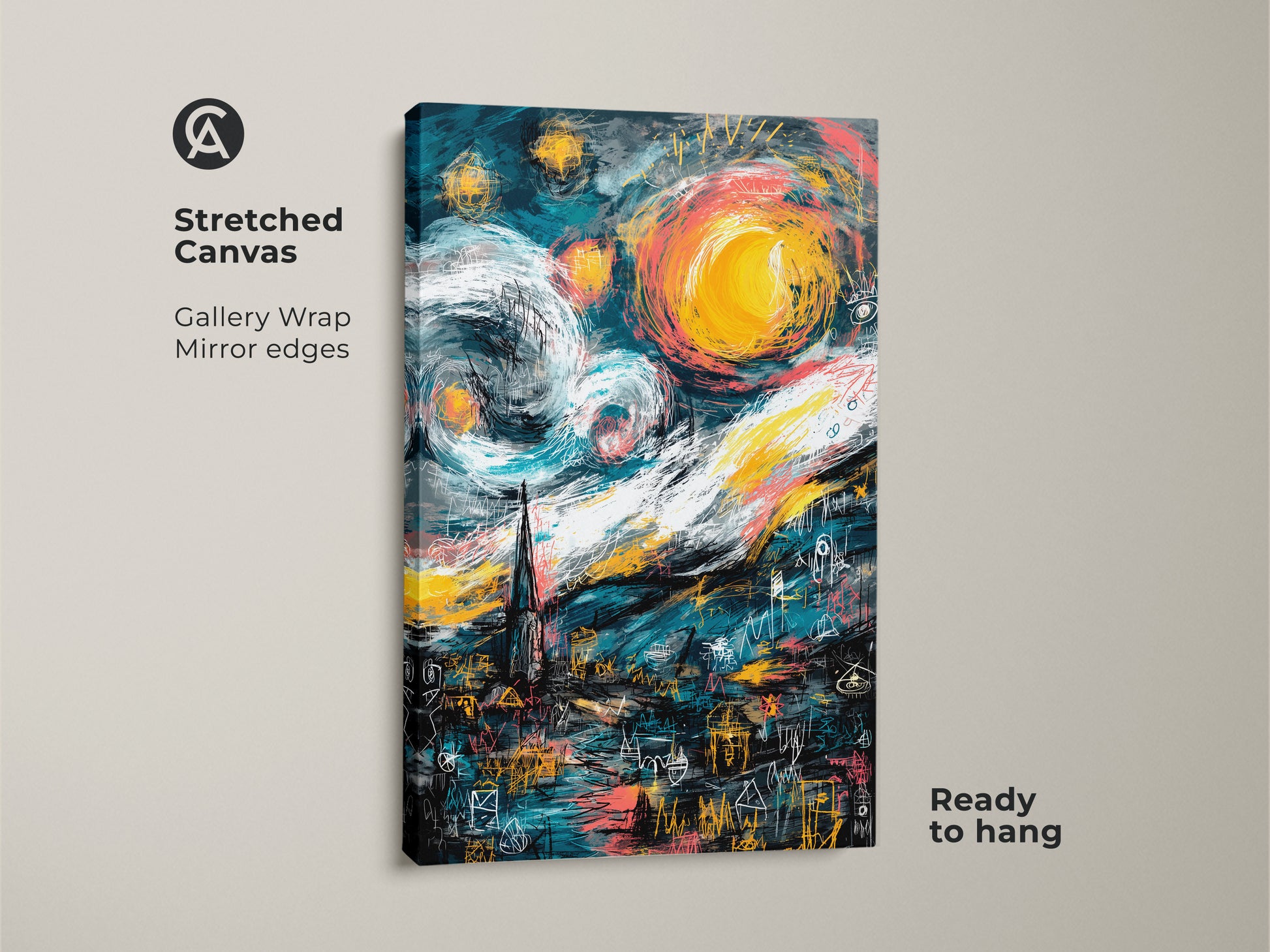 Experience the allure of this stretched canvas artwork. A fresh take on Van Gogh's Starry Night. Gallery wrapped with mirrored edges. It's ready to hang and transform your home decor with artistic flair.