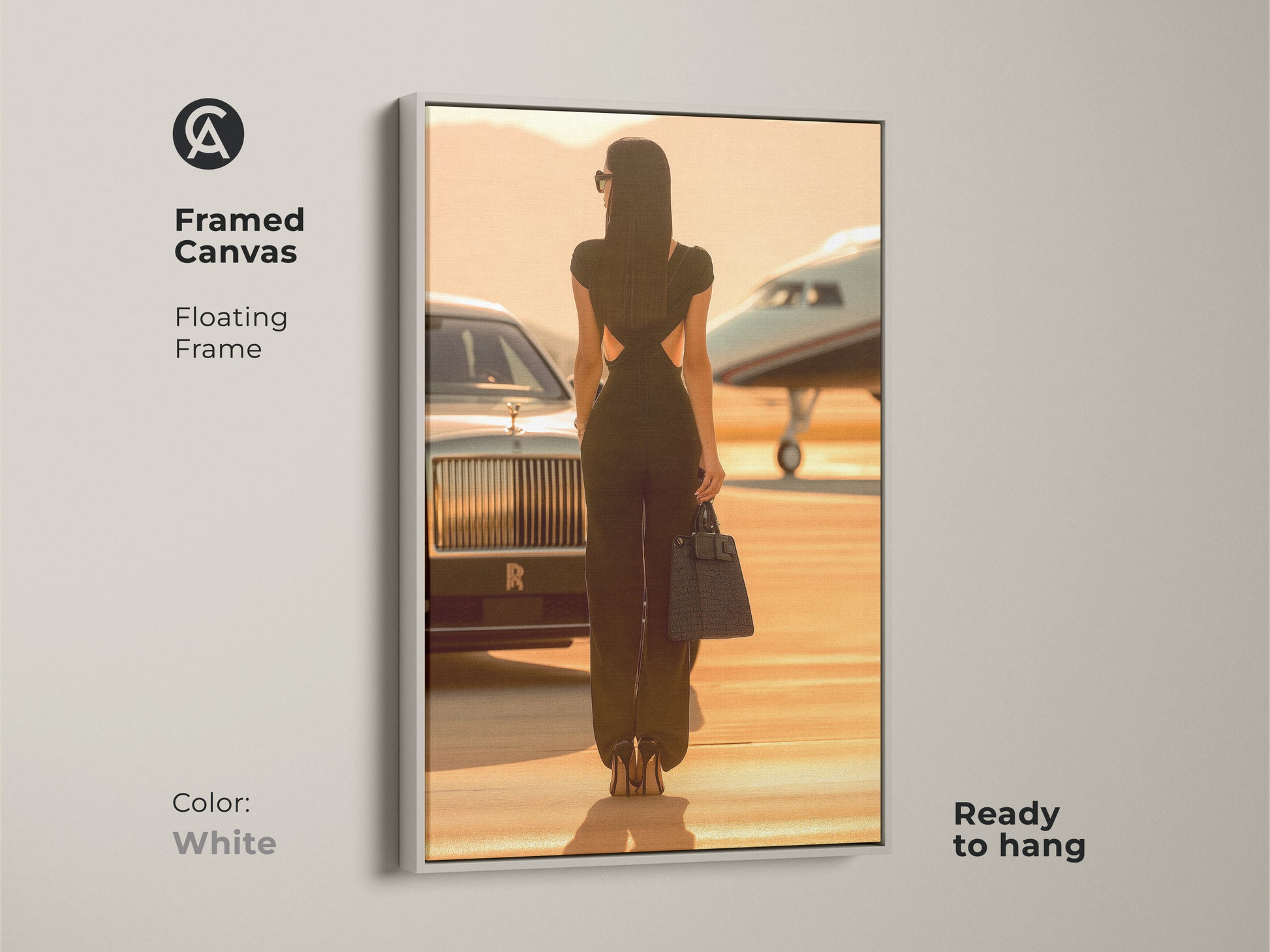 Framed canvas featuring a woman with a private jet and car. The floating frame is white. Ready to hang for a modern look. This luxury car canvas print adds sophistication to any space. Ideal for contemporary home galleries.