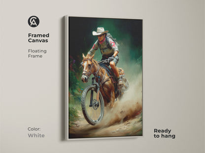 Framed canvas art print featuring a cowboy on horseback with a mountain bike. A white floating frame enhances this rustic outdoor adventure artwork. Ready to hang this digital painting blends western and cycling themes. Perfect for adding character to your entryway or home office. It has earthy colors
