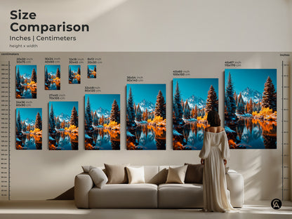 Size comparison of winter mountain landscape artwork. Sizes range from small to extra large. This artwork is available in both inches and centimeters. The artwork features a snow capped mountain and reflective lake.
