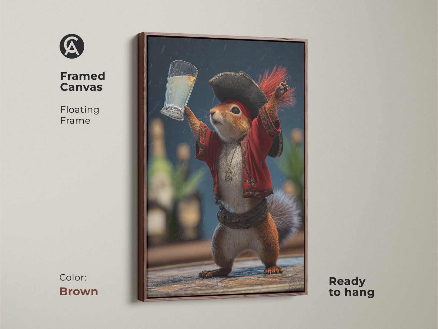 Framed canvas with a brown floating frame displaying pirate squirrel art. The funny animal drinking artwork adds an eclectic touch to any room. Ready to hang it is a unique gift for animal lovers seeking quirky home decor.
