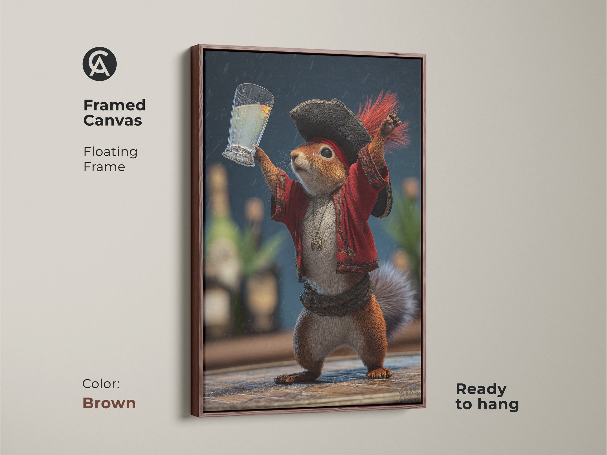 Framed canvas with a brown floating frame displaying pirate squirrel art. The funny animal drinking artwork adds an eclectic touch to any room. Ready to hang it is a unique gift for animal lovers seeking quirky home decor.
