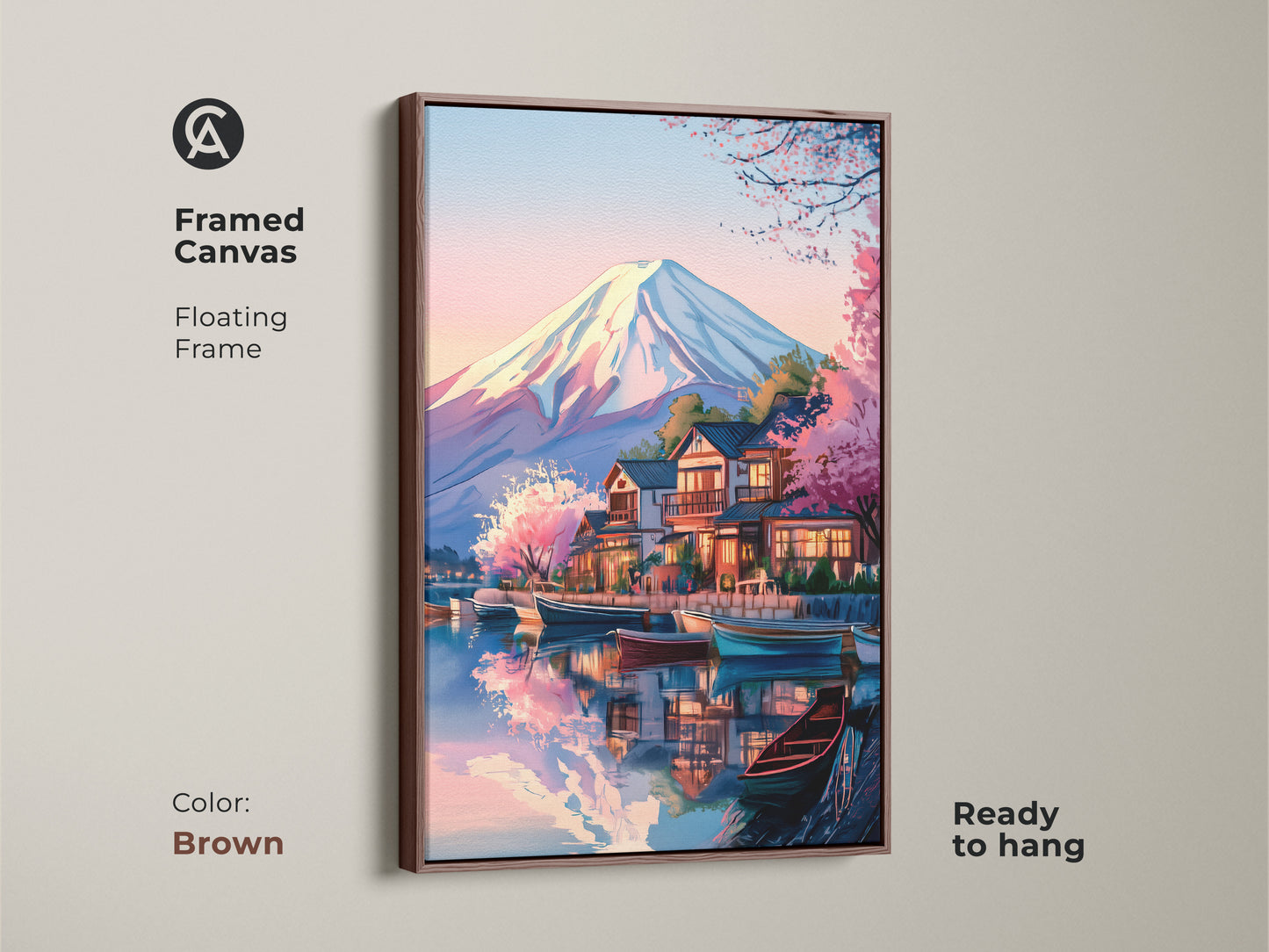 Framed canvas art of Mount Fuji featuring a floating brown frame. The Ukiyo-e Japanese landscape is displayed with boats and sakura pink cherry blossoms. Ready to hang Japandi style decor provides asian inspired art. Great serene bedroom wall art