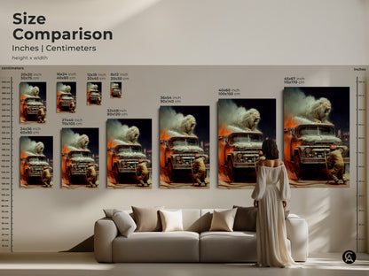 Compare sizes of this surreal lion and firefighter canvas art. See how it fits above a sofa. Available in various sizes to suit your space. This fantasy artwork adds dramatic animal painting flair to your home decor. Ideal for lion lovers and vintage truck art.
