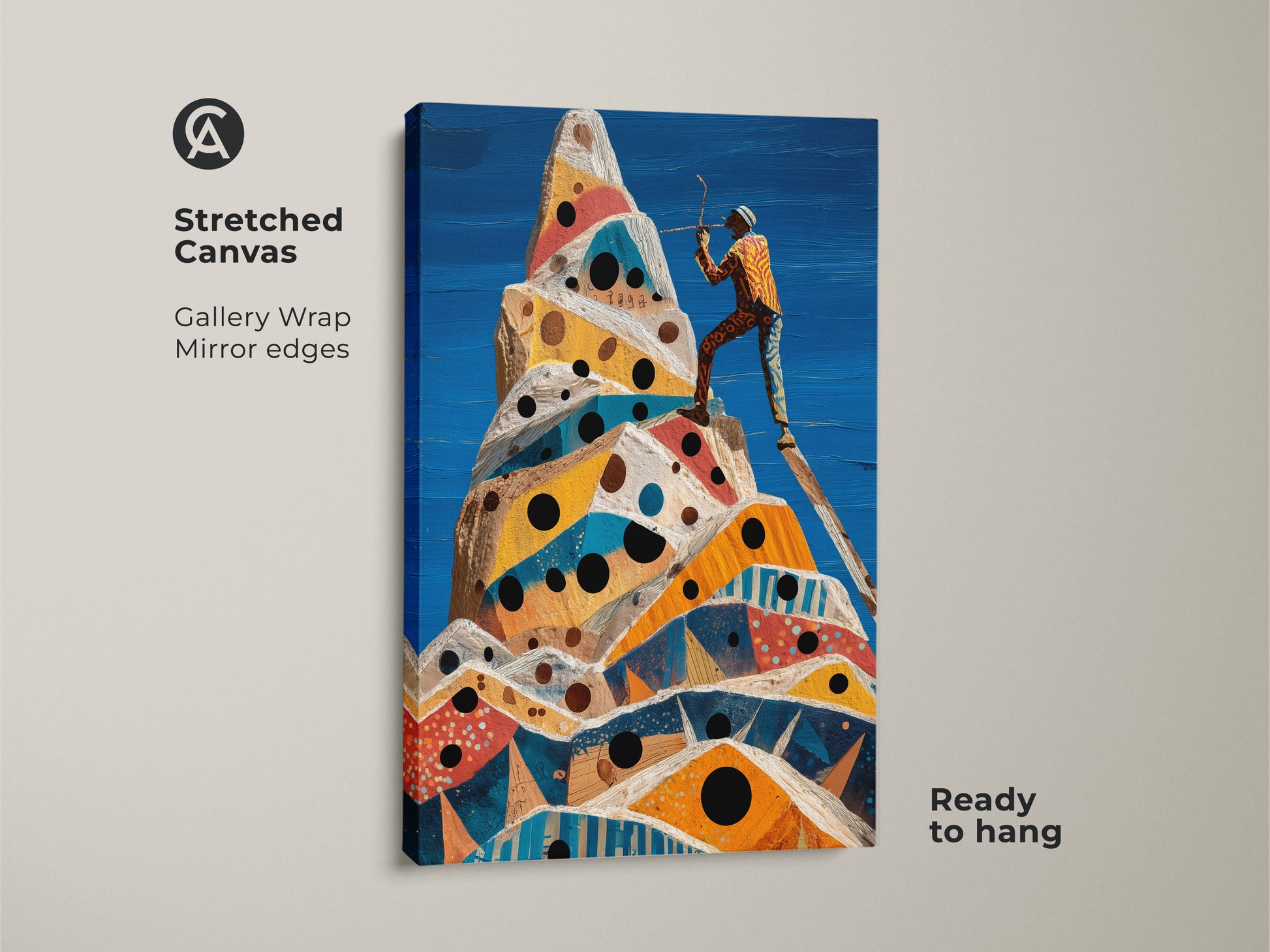 A stretched canvas gallery wrap presents surreal mountain climb art.  The abstract geometric peak showcases an adventurer figurine. Ready to hang cobalt blue yellow orange artwork for modern decor.